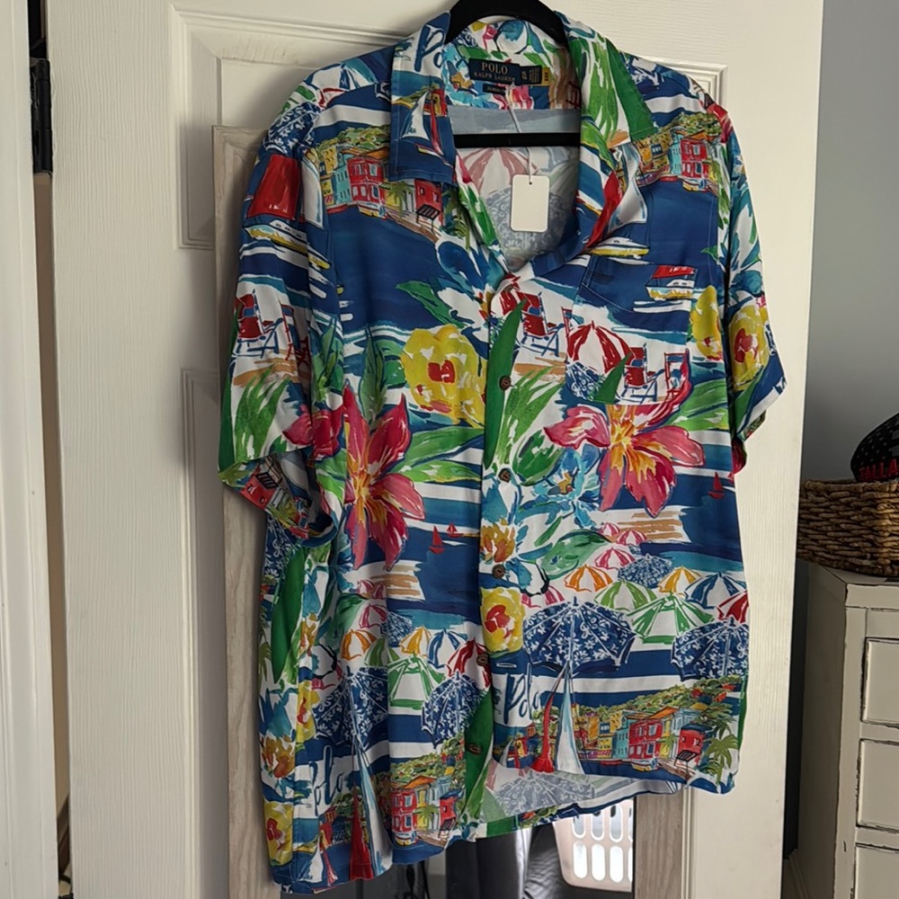 Polo Ralph Lauren Colorful Floral and Scenic Button-Up Shirt, Hawaiian Style